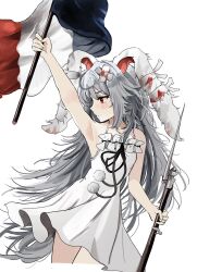 Rule 34 | 1girl, absurdres, animal ears, bandaged ear, bandaid, closed mouth, commentary, dress, english commentary, fine art parody, flag, french flag, grey hair, highres, holding, holding flag, holding weapon, indie virtual youtuber, liberty leading the people, long hair, ougiikun, para (vtuber), parody, rabbit ears, red eyes, simple background, solo, weapon, white background, white dress