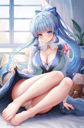 Rule 34 | 1girl, absurdres, arus, ayaka (genshin impact), bare legs, barefoot, blue dress, blue eyes, blue hair, blush, breasts, cleavage, collar, dress, genshin impact, highres, indoors, kamisato ayaka, kamisato ayaka (springbloom missive), large breasts, light blue hair, long hair, looking at viewer, mole, mole under eye, multicolored clothes, multicolored dress, official alternate costume, panties, skirt, solo, stuffed animal, stuffed toy, teddy bear, thighs, toes, underwear, white collar, white panties