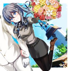 Rule 34 | 1boy, 1girl, absurdres, admiral (kancolle), alternate costume, arm hug, black pantyhose, blue eyes, blue hair, bouquet, brown footwear, church tower, dutch angle, flower, gotland (kancolle), grey skirt, grey sweater, head out of frame, highres, kantai collection, long hair, looking at viewer, mole, mole under eye, pantyhose, parted lips, ponytail, skirt, smile, solo focus, standing, standing on one leg, sweater, watarino