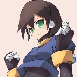 Rule 34 | 1girl, aile (mega man zx), black bodysuit, blue jacket, bodysuit, bodysuit under clothes, brown background, brown hair, cropped jacket, green eyes, jacket, mega man (series), mega man zx, roy payne, short hair, simple background, solo, upper body, variant set