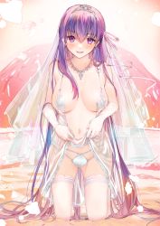 Rule 34 | 1girl, :d, bare shoulders, bb (fate), bb (fate/extra), blush, breasts, cleavage, clothes lift, collarbone, commentary request, elbow gloves, fate/extra, fate/extra ccc, fate (series), full body, gloves, hair between eyes, hair ribbon, highres, jewelry, kneeling, large breasts, lifted by self, lingerie, long hair, looking at viewer, navel, necklace, open mouth, petals, pink ribbon, purple eyes, purple hair, ribbon, see-through, smile, solo, stomach, thighhighs, tiara, tomozero, underwear, underwear only, v-shaped eyebrows, veil, very long hair, white gloves, white thighhighs
