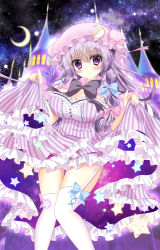 Rule 34 | 1girl, black bow, blue bow, blush, bow, breasts, cleavage, clothes lift, crescent, crescent hair ornament, crescent moon, dress, dress lift, eyebrows, garter straps, hair bow, hair ornament, hat, large breasts, lifting own clothes, looking at viewer, mob cap, moon, night, night sky, patchouli knowledge, pink eyes, purple hair, red bow, sky, smile, solo, star (symbol), striped clothes, striped dress, tareme, tenshi china, thighhighs, touhou, white thighhighs