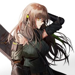 Rule 34 | 1girl, arm guards, armband, blood, breasts, brown hair, bruise, damaged, elbow pads, girls&#039; frontline, gloves, green hair, green sweater, hair between eyes, headphones, injury, large breasts, long hair, looking at viewer, m4a1 (girls&#039; frontline), m4a1 (mod3) (girls&#039; frontline), mod3 (girls&#039; frontline), multicolored hair, ribbed sweater, si, sidelocks, silence girl, simple background, streaked hair, sweater, torn clothes, white background