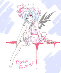 Rule 34 | 1girl, adapted costume, bad id, bad pixiv id, barefoot, bat wings, black wings, blood, blue hair, bridal garter, character name, collar, commentary, dress, fang, frilled collar, frilled cuffs, frills, hat, hat ribbon, heart, highres, holding, knee up, looking at viewer, microdress, mob cap, open mouth, pink dress, pink hat, pink ribbon, purple eyes, remilia scarlet, ribbon, ribbon-trimmed headwear, ribbon trim, seiran (seiran49hsi), short hair, sitting, skin fang, sleeveless, sleeveless dress, smile, solo, touhou, wings