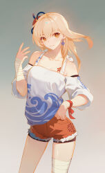 1girl absurdres alternate_costume bandaged_arm bandaged_leg bandages bare_shoulders blonde_hair breasts chest_tattoo closed_mouth commentary cowboy_shot earrings floating_hair genshin_impact gradient_background hair_down hair_ornament hand_up highres jewelry jingtailan long_hair looking_at_viewer medium_breasts orange_shorts ribbon shirt shorts simple_background single_earring solo tattoo white_shirt wrist_ribbon yoimiya_(genshin_impact)