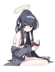 Rule 34 | 1girl, bikini, black bikini, black hair, blue archive, blush, book, breasts, closed mouth, commentary, cropped legs, grey jacket, hairband, halo, highres, holding, holding book, jacket, jewelry, long hair, long sleeves, looking at viewer, official alternate costume, open book, open clothes, open jacket, pendant, purple eyes, purple hairband, shiromoca, simple background, small breasts, solo, swimsuit, ui (blue archive), ui (swimsuit) (blue archive), white background