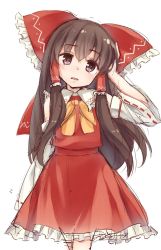 Rule 34 | 1girl, bow, bowtie, brown eyes, brown hair, cowboy shot, detached sleeves, hair bow, hair tubes, hakurei reimu, hand up, highres, long hair, looking at viewer, oborofu, open mouth, red bow, red skirt, ribbon-trimmed sleeves, ribbon trim, sidelocks, simple background, skirt, skirt set, solo, touhou, white background, yellow bow, yellow bowtie
