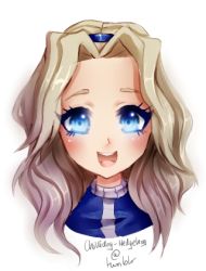 Rule 34 | 1girl, artist name, blonde hair, blue eyes, blue hairband, blush, face, female focus, forehead, hair intakes, hairband, happy, long hair, looking at viewer, lowres, maria robotnik, open mouth, simple background, smile, solo, sonic (series), spacecolonie, teeth, tumblr username, white background