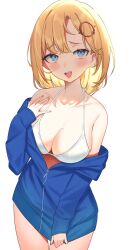 Rule 34 | 1girl, aotake iro, bikini, blonde hair, blue eyes, blue hoodie, blush, bob cut, breasts, cleavage, clothes pull, collarbone, detective, hair ornament, halterneck, highres, hololive, hololive english, hood, hoodie, large breasts, looking at viewer, mole, open mouth, pulled by self, short hair, smile, solo, swimsuit, thighs, virtual youtuber, watson amelia, white bikini, zipper