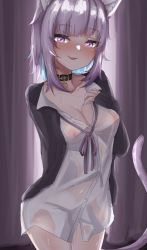 Rule 34 | 1girl, animal ears, blouse, breasts, cat ears, cat girl, cat tail, choker, cleavage, collar, collared shirt, hand on own chest, highres, hololive, hololive gamers, kagami moch, looking at viewer, medium breasts, multicolored hair, nekomata okayu, nipples, purple eyes, purple hair, purple ribbon, ribbon, see-through, shirt, solo, tail, virtual youtuber, white shirt