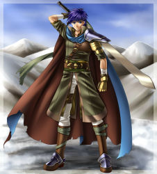 Rule 34 | 1boy, adapted costume, bandages, belt, blue eyes, blue hair, boots, cape, fire emblem, fire emblem: path of radiance, fire emblem: radiant dawn, gloves, headband, highres, ike (fire emblem), male focus, matching hair/eyes, mountain, nintendo, short hair, solo, strap, sword, weapon, yuino (fancy party)