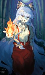 Rule 34 | 1girl, :d, bamboo, bamboo forest, blunt bangs, bow, collared shirt, commentary request, dated, feet out of frame, fire, fire, forest, fujiwara no mokou, hair bow, hand in pocket, hand up, highres, hunggryhunggry, juliet sleeves, long hair, long sleeves, looking at viewer, nature, night, open mouth, pants, puffy sleeves, red bow, red eyes, red pants, shirt, signature, smile, solo, suspenders, touhou, two-tone bow, very long hair, white bow, white hair, white shirt