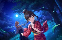 Rule 34 | brown hair, green eyes, hamaguchi ayame, idolmaster, idolmaster cinderella girls, idolmaster cinderella girls starlight stage, japanese clothes, kimono, leaf, moon, official art