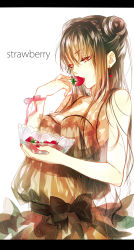 Rule 34 | 1girl, absurdres, bad id, bad pixiv id, brown hair, double bun, earrings, eating, english text, food, fruit, hair bun, highres, jewelry, kazari tayu, letterboxed, long hair, nail polish, original, red eyes, ribbon, see-through, simple background, solo, strawberry, white background
