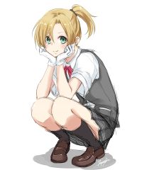 Rule 34 | 10s, 1girl, aoi rin (miya1102), blonde hair, gloves, green eyes, hand on own face, kantai collection, maikaze (kancolle), ponytail, sketch, smile, solo, squatting, uniform
