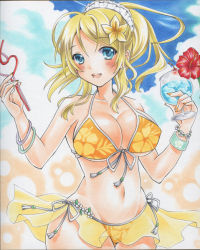 Rule 34 | 1girl, artist request, ayase eli, bangle, bare shoulders, bikini, bikini skirt, blonde hair, blue eyes, blue sky, blush, bracelet, breasts, cleavage, cloud, collarbone, cup, day, drinking glass, dutch angle, female focus, floral print, flower, front-tie top, hair between eyes, hair flower, hair ornament, hair scrunchie, high ponytail, holding, holding drinking glass, jewelry, long hair, looking at viewer, love live!, love live! school idol festival, love live! school idol project, medium breasts, navel, outdoors, parted lips, partially submerged, ponytail, scrunchie, short hair, side-tie bikini bottom, sky, smile, solo, suzune koto, swimsuit, white flower, white scrunchie, yellow bikini