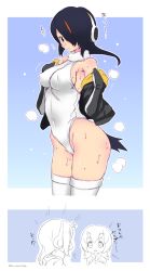 Rule 34 | 10s, 2girls, :d, ass, bare shoulders, black hair, breasts, brown eyes, covered navel, emperor penguin (kemono friends), covered erect nipples, hair over one eye, headphones, highres, hot, humboldt penguin (kemono friends), kemono friends, leotard, long hair, looking at viewer, mudou eichi, multiple girls, open mouth, orange hair, smile, sweat, sweatdrop, thighhighs, white legwear