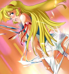 Rule 34 | 1girl, ass, bad id, bad pixiv id, blonde hair, blue eyes, blush, breasts, cameltoe, cutie honey, cutie honey (character), exploding clothes, female focus, gradient background, heart, highres, kisaragi honey, long hair, nipples, open mouth, panties, solo, taniyosi, tearing clothes, toei animation, torn clothes, underwear