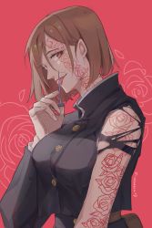 Rule 34 | 1girl, arm tattoo, breasts, brown hair, facial mark, floral background, from side, highres, holding, holding nail, jujutsu kaisen, jujutsu tech uniform, kugisaki nobara, licking, looking at viewer, nail, red background, red eyes, rose background, short hair, solo, tattoo, tongue, tongue out, torn clothes, torn sleeves, twitter username, upper body, versesea23