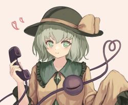 Rule 34 | 1girl, bad id, bad pixiv id, black hat, floppy sleeves, frilled shirt collar, frilled sleeves, frills, green eyes, green hair, hat, hat ribbon, heart, heart of string, holding, komeiji koishi, long sleeves, looking at viewer, ookashippo, pink background, ribbon, shirt, short hair, simple background, smile, solo, third eye, touhou, upper body, wide sleeves, yellow shirt