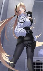 Rule 34 | 1girl, azur lane, belt, black bra, black gloves, black pantyhose, black skirt, blonde hair, blue eyes, blush, bra, breasts, feet out of frame, finger to cheek, gloves, gun, hair ornament, hairclip, hand on own hip, headphones, highres, holstered, kronshtadt (azur lane), kronshtadt (begin the rush!) (azur lane), large breasts, long hair, looking at viewer, looking back, low twintails, official alternate costume, open clothes, open mouth, open shirt, pantyhose, parted lips, ropi (yyuichi29), shirt, sideboob, simple background, skirt, smile, solo, standing, thighs, twintails, underwear, very long hair, weapon, white shirt