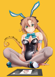 Rule 34 | 1girl, akigumo (kancolle), animal ears, artist name, bare shoulders, black footwear, black leotard, blue bow, blue bowtie, blush, boots, bow, bowtie, brown hair, brown ribbon, dated, fake animal ears, fishnet thighhighs, fishnets, green eyes, grey thighhighs, hair ribbon, high heel boots, high heels, holding, kantai collection, kazagumo (kancolle), leotard, long hair, moke ro, one-hour drawing challenge, pantyhose, playboy bunny, ponytail, rabbit ears, ribbon, simple background, sitting, smile, solo, stylus, tablet pc, thighhighs, twitter username, yellow background