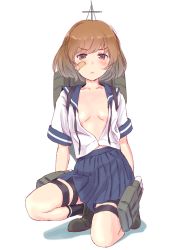 Rule 34 | 10s, 1girl, bandaid, bandaid on face, blush, breasts, brown eyes, brown hair, highres, kantai collection, looking at viewer, machinery, midriff peek, no bra, oboro (kancolle), on one knee, open clothes, open shirt, school uniform, serafuku, shirt, short hair, skirt, small breasts, solo, thigh strap, wa (genryusui), white background