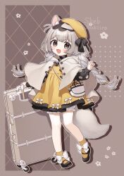 Rule 34 | 1girl, :d, animal ears, bag, beret, black bow, black footwear, bloomers, blush, bow, braid, brown background, brown eyes, capelet, commentary request, commission, copyright request, dress, fang, full body, grey capelet, grey hair, hat, long hair, long sleeves, looking at viewer, low twintails, open mouth, pleated dress, puffy long sleeves, puffy sleeves, rolling suitcase, shoes, short eyebrows, shoulder bag, skeb commission, smile, socks, solo, standing, standing on one leg, suitcase, tail, thick eyebrows, tilted headwear, twin braids, twintails, underwear, very long hair, white bloomers, white bow, yamabukiiro, yellow dress, yellow hat, yellow socks