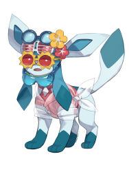 animal animal_focus blue_hair clothed_pokemon creatures_(company) flower game_freak gen_4_pokemon glaceon glaceon_(beach) makoto_ikemu nintendo no_humans pokemon pokemon_unite sidelocks solo standing sunglasses white_background