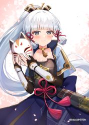 Rule 34 | 1girl, absurdres, arm guards, armor, ayaka (genshin impact), blunt bangs, breastplate, breasts, choker, cleavage, commentary, commentary request, english commentary, falling petals, fox mask, genshin impact, grey eyes, grey hair, hair ornament, hair ribbon, hair tubes, highres, holding, holding mask, japanese armor, japanese clothes, long hair, looking at viewer, mask, petals, ponytail, ribbon, sasha chii, short sleeves, sidelocks, simple background, small breasts, smile, solo, tress ribbon, twitter username