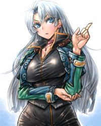 Rule 34 | 1girl, amania orz, blue eyes, breasts, calvina coulange, choker, cleavage, gradient background, huge breasts, jacket, jewelry, long hair, necklace, shiny clothes, silver hair, solo, super robot wars, super robot wars judgement, super robot wars og moon dwellers, super robot wars original generation