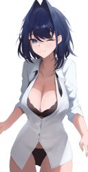 Rule 34 | 1girl, ;), absurdres, black bra, black hair, black necktie, black panties, blue eyes, blue hair, bra, breasts, cleavage, collared shirt, cowboy shot, dress shirt, hair intakes, highres, hololive, hololive english, large breasts, long sleeves, looking at viewer, mukana meme, necktie, no pants, one eye closed, open clothes, open shirt, ouro kronii, panties, shirt, short hair, simple background, sleeves rolled up, smile, solo, underwear, undone necktie, virtual youtuber, white background, white shirt, wing collar