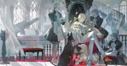 Rule 34 | animal, bench, black gloves, blonde hair, blue hair, butler, colorful, covered eyes, dog, dusting, flower, formal, gloves, hair ornament, highres, instrument, jewelry, lamp, long hair, looking at viewer, male focus, mask, original, pants, piano, pillow, ruoganzhao, shirt, short hair, sitting, smile, stairs, statue, suit, sunflower, teapot, white gloves, white pants, white shirt, window, yellow eyes