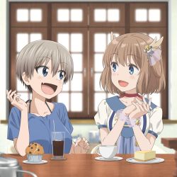 Rule 34 | 2girls, album cover, cd (source), cover, cup, eye contact, food, highres, iced tea, indoors, kano (utaite), looking at another, meta, muffin, multiple girls, official art, own hands clasped, own hands together, uzaki-chan wa asobitai!, uzaki hana, virtual youtuber