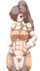 Rule 34 | 00s, 1girl, abs, armlet, ass, ass cutout, bare shoulders, blush, breasts, brown eyes, brown hair, chaps, clothing cutout, crotch cutout, dungeon and fighter, female focus, fighter (dungeon and fighter), fighter (dungeon fighter), fingerless gloves, framed breasts, gloves, gluteal fold, hair over one eye, large breasts, long hair, lowleg, lowleg panties, midriff, muscular, muscular female, panties, ponytail, revealing clothes, solo, tokyo (great akuta), underwear, white panties