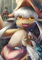 Rule 34 | 1girl, :3, :d, absurdres, animal ears, arm up, blunt bangs, cape, commentary request, ears through headwear, fake horns, fish, fishing line, furry, hat, helmet, highres, horizontal pupils, horned helmet, horns, long hair, looking at viewer, made in abyss, nanachi (made in abyss), open mouth, puffy pants, regu (made in abyss), riasgomibako, silver hair, smile, topless, yellow eyes