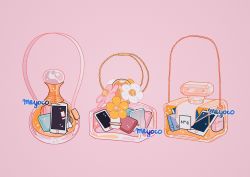 Rule 34 | absurdres, artist name, bag, bottle, cellphone, commentary, earbuds, earphones, english commentary, flower, highres, label, meyoco, no humans, original, perfume bottle, phone, pink background, pink flower, simple background, smartphone, sparkle, strap, transparent, white flower, yellow flower