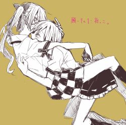 Rule 34 | 2girls, blush, frilled skirt, frills, hair ribbon, hand on another&#039;s back, hand on another&#039;s head, himekaidou hatate, hug, japanese text, kneehighs, long hair, looking at another, looking at viewer, looking to the side, monochrome, multiple girls, no headwear, partially colored, pointy ears, ribbon, shameimaru aya, short hair, short sleeves, sketch, skirt, socks, sweat, tadano kagekichi, touhou, twintails, yellow background