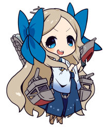 Rule 34 | 1girl, adapted turret, anchor, asakaze (kancolle), blue bow, blue eyes, blue hakama, boots, bow, cannon, chibi, commentary request, cross-laced footwear, forehead, full body, hair bow, hair ribbon, hakama, hakama skirt, ikkakimeru, japanese clothes, kantai collection, lace-up boots, light brown hair, long hair, machinery, meiji schoolgirl uniform, open mouth, parted bangs, ribbon, sidelocks, simple background, skirt, smile, solo, standing, teeth, turret, upper teeth only, wavy hair, white background