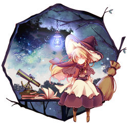 Rule 34 | 1girl, album cover, apron, black dress, blonde hair, book, boots, broom, capelet, cover, cross-laced footwear, dress, closed eyes, hat, kirisame marisa, kuro (pixiv213382), lamp, night, sky, smile, solo, star (sky), starry sky, telescope, touhou, tree, waist apron, witch hat