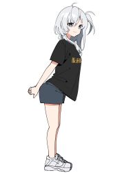 Rule 34 | 1girl, alternate costume, arms behind back, black shirt, blue eyes, blue shorts, full body, grey hair, hair between eyes, highres, interlocked fingers, kantai collection, leaning forward, long hair, one side up, sayuwan, shirt, shoes, short sleeves, shorts, simple background, smile, sneakers, solo, standing, suzutsuki (kancolle), t-shirt, tachi-e, white background, white footwear
