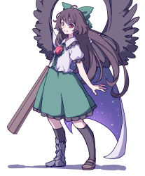 Rule 34 | 1girl, absurdres, arm cannon, asymmetrical footwear, bird wings, black thighhighs, black wings, blouse, bow, brown footwear, brown hair, cape, center frills, closed mouth, collared shirt, eyebrows hidden by hair, frills, full body, green bow, green skirt, hair bow, highres, kame (kamepan44231), long hair, looking at viewer, mismatched footwear, one-hour drawing challenge, red eyes, reiuji utsuho, shadow, shirt, short sleeves, simple background, skirt, smile, solo, standing, starry sky print, thighhighs, third eye, touhou, weapon, white background, white cape, white shirt, wings