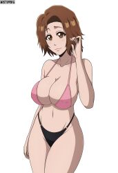 Rule 34 | 1girl, absurdres, bikini, bleach, blush, breasts, brown eyes, brown hair, cleavage, closed mouth, collarbone, covered erect nipples, highres, kurosaki masaki, large breasts, looking at viewer, mistowing, navel, pink bikini, short hair, simple background, smile, solo, swimsuit, white background