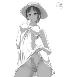 Rule 34 | 1futa, :p, bbr (pixiv18012477), clothes lift, dress, dress lift, erection, from below, futanari, hat, looking at viewer, looking down, no panties, penis, red eyes, simple background, solo, sweat, tongue, tongue out, white background