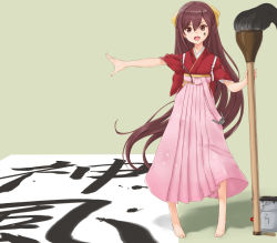 Rule 34 | 10s, 1girl, :d, alternate eye color, alternate hair color, anchor, barefoot, bow, brown eyes, brown hair, bucket, calligraphy, calligraphy brush, character name, hair between eyes, hair bow, hair ribbon, hakama, hakama skirt, highres, ink on face, japanese clothes, kamikaze (kancolle), kantai collection, kimono, long hair, looking at viewer, open mouth, outstretched arm, oversized object, paintbrush, paper, pink hakama, rasukaru, ribbon, skirt, smile, solo, standing, tasuki, very long hair, yellow ribbon
