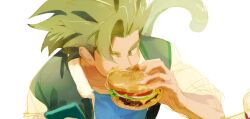 1boy black_eyes black_hair black_jacket blue_shirt burger cellphone commentary_request dragon_ball dragon_ball_legends eating food highres holding holding_phone hyong311 jacket korean_commentary looking_at_phone looking_to_the_side male_focus monkey_boy monkey_tail official_alternate_costume phone shallot_(dragon_ball) shirt short_hair single_bang solo spiked_hair tail upper_body white_background white_sleeves