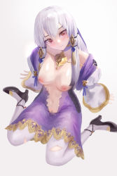Rule 34 | 1girl, arm support, bad id, bad twitter id, blush, breasts, breasts out, censored, center opening, cleavage, collarbone, commission, dress, female pubic hair, fire emblem, fire emblem: three houses, full body, hair ornament, head tilt, high heels, highres, jewelry, kaeru (meriruou), long hair, long sleeves, looking at viewer, looking up, lysithea von ordelia, medium breasts, mosaic censoring, navel, nintendo, nipples, pantyhose, pink eyes, pubic hair, purple dress, simple background, sitting, skeb commission, smile, stomach, torn clothes, torn dress, torn legwear, torn pantyhose, veil, wariza, white background, white hair, white pantyhose, white sleeves, wide sleeves