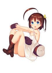Rule 34 | 1girl, ahoge, ass, bare shoulders, black socks, blue eyes, blush, brown hair, cat, character request, copyright request, dress, feet, flat chest, hair ribbon, kinjo kuromomo, looking at viewer, no shoes, open mouth, ribbon, short hair, side ponytail, simple background, sitting, socks, solo, white background, white dress