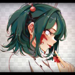 Rule 34 | 1girl, absurdres, aqua hair, black border, blood, blood drip, blood on face, border, censored, censored food, checkered background, chef, chef hat, dripping, fake censor, food, from side, fruit, hair bobbles, hair ornament, hat, highres, holding straw, horror (theme), kuukinaru, lacey (lacey games), lacey games, looking at viewer, official alternate costume, outline, red outline, shirt, short hair, short twintails, solo, strawberry, tongue, tongue out, twintails, white eyes, white shirt, x hair ornament