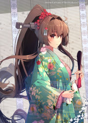 Rule 34 | 1girl, artist name, blush, brown eyes, brown hair, floral print, flower, green kimono, hair between eyes, hair flower, hair ornament, highres, himeyamato, japanese clothes, kantai collection, kimono, long hair, long sleeves, ponytail, red flower, solo, twitter username, upper body, very long hair, wide sleeves, yamato (kancolle)